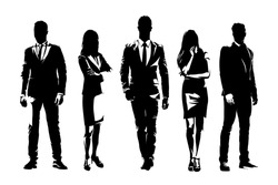 Business people, group of businessmen and businesswomen in formal clothing standing, front view. Abstract isolated vector silhouettes. Ink drawing