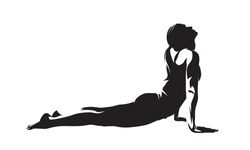 Yoga, woman making cobra pose, isolated vector silhouette, ink drawing