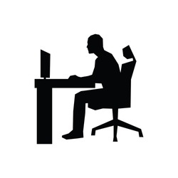 Man sitting on office chair at table and working on computer. Side view. Vector silhouette. Businessman works in office at desk and staring into monitor