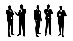 Business men silhouettes set in various poses. Flat vector illustrations. Group of business people. Lawyer, teacher, sales manager, boss, politician, broker