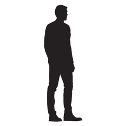 Man in jacket standing with hand in his pocket, side view, isolated vector silhouette