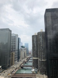 Chicago River Going Through Skyline on a Foggy Day