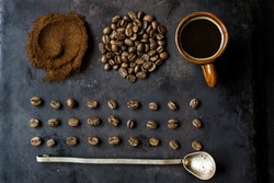 Composition of various coffee beans and coffee cups. Rustic still life. Top view