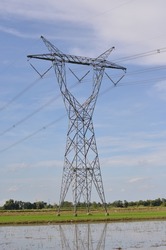 A high-voltage electric pole with a large number of birds above it. blue sky background