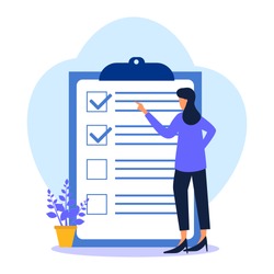 A positive business woman points in the direction marked by a checklist on whiteboard paper. Successfully complete business assignments. Flat vector illustration.