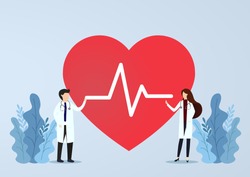 Doctors standing next to heart with EKG waves. Doctor with heartbeat rate. Health concept. Vector, illustration, esp, Flat Design. 