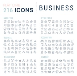 Collection of vector line icons of business. Finance, management, accounting, marketing, bank, office. Set of flat signs and symbols for web and apps.
