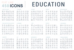 Collection of vector line icons of education. Natural and mathematical science, additional education, tutorship, freelance. Set of flat signs and symbols for web and apps.