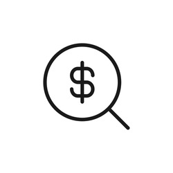 Business, money, finance concept. Vector signs drawn with black line. Suitable for adverts, web sites, apps, articles. Line icon of dollar inside of magnifying glass