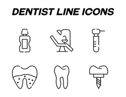 Monochrome signs in flat style for stores, shops, web sites. Editable stroke. Vector line icon set with symbols of dental post, mouthwash, caries, dentist chair, tool, caries