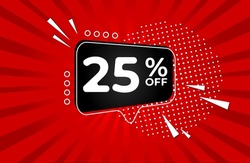 25% off. Red banner with twenty five percent discount on a black balloon for mega big sales.