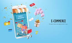 Shopping cart with gift and confetti for online shop