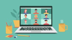 people connecting together, learning or meeting online with teleconference, video conference remote working on laptop computer, work from home and work from anywhere concept, flat vector illustration