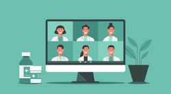 online medical consultation and support concept, healthcare services, group of doctors teleconferencing with stethoscope on computer screen, conference video call, new normal, flat vector illustration