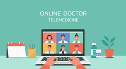 human hand using laptop connecting doctors for online healthcare and medical consultation services, flat vector illustration