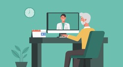 telemedicine, online healthcare and medical consultation and support services concept, senior man using computer video call conferencing to doctor online, flat vector illustration