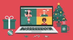man and woman meeting online together via video conference on a laptop to virtual discussion on Christmas holiday and decorate with Christmas tree, gift, candy, and cup, flat vector illustration
