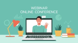 webinar online meeting concept, remote working or work from home and anywhere, man using video conference via laptop computer screen, flat vector illustration