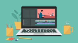 Video editing software on laptop computer. Workplace for freelancer and editor, vlogger or movie making, flat vector illustration	
