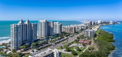Clearwater Beach Florida skyline from the air. Aerial drone