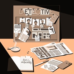 Desk of a detective, investigator and night shift worker. Late in the evening, a lamp falls on the desktop. Investigation, evidence board. View from above. Flat vector illustration.
