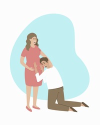 A man leans against the belly of a pregnant woman to listen to the sounds of the baby. Happy couple expecting a baby. Flat vector illustration.