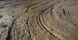 Close-up of muddy ground in muddy rice fields with curved lines