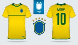 Set of soccer jersey or football kit template design for Brazil national football team. Front and back view soccer uniform. Yellow Football t shirt mock up. Vector Illustration