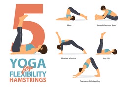Infographic of 5 Yoga poses for hamstrings flexibility in flat design. Beauty woman is doing exercise for body stretching. Set of yoga sequence Infographic.  Vector Illustration.