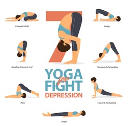 Infographic of 5 Yoga poses for Easy yoga at home in concept of fight for depression in flat design. Beauty woman is doing exercise for body stretching. Set of yoga at home infographic . Yoga Vector.