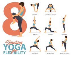 Infographic of 8 Standing Yoga poses for Easy yoga at home in concept of flexibility in flat design. Beauty woman is doing exercise for body stretching. Set of yoga at home infographic . Yoga Vector.