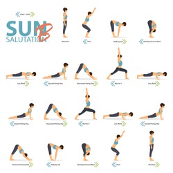 19 Yoga poses for Yoga at home in concept of Yoga Sun Salutation B in flat design. Woman is doing exercise for body stretching. Set of yoga posture or asana infographic. Character Vector Illustration