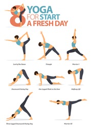 Infographic of  Yoga poses for workout at home in concept : yoga for start a fresh day in flat design. Woman exercising for body stretching. Yoga posture, asana for fitness infographic. Cartoon Vector