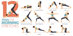 Infographic 12 Yoga poses for workout at home in concept of Morning Stretches in flat design. Women exercising for body stretching. Yoga posture or asana for fitness infographic. Flat Cartoon Vector.
