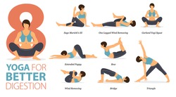Infographic 8 Yoga poses for workout in concept of Better Digestion in flat design. Women exercising for body stretching. Yoga posture, asana for fitness infographic. Flat Cartoon Vector Illustration.