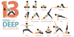 Infographic 13 Yoga poses for workout in concept of Deep Relaxation in flat design. Women exercising for body stretching. Yoga posture, asana for fitness infographic. Flat Cartoon Vector Illustration