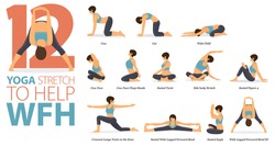 Infographic 12 Yoga poses for workout in concept of Stretch to help WFH in flat design. Women exercising for body stretching. Yoga posture or asana for fitness infographic. Flat Cartoon Vector.