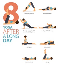 Infographic 8 Yoga poses for workout in concept of After A Long Day in flat design. Women exercising for body stretching. Yoga posture, asana for fitness infographic. Flat Cartoon Vector Illustration