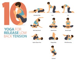 Infographic 8 Yoga poses for workout in concept of Release Low Back Tension in flat design. Women exercising for body stretching. Yoga posture or asana for fitness infographic. Flat Cartoon Vector.