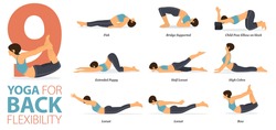 Infographic 9 Yoga poses for workout in concept of Back Flexibility in flat design. Women exercising for body stretching. Yoga posture, asana for fitness infographic. Flat Cartoon Vector Illustration.