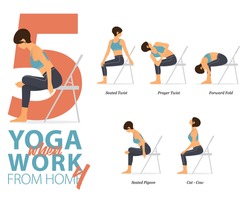 Infographic 5 Yoga poses for workout at home in concept of working at home in flat design. Women exercising for body stretching. Yoga posture or asana for fitness infographic. Flat Cartoon Vector.