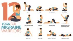 Infographic 12 Yoga poses for workout at home in concept of migraine warriors in flat design. Women exercising for body stretching with yoga chair. Yoga posture or asana for fitness infographic.Vector