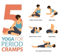 Infographic 5 Yoga poses for workout at home in concept of period cramps in flat design. Women exercising for body stretching. Yoga posture or asana for fitness infographic. Flat Cartoon Vector.