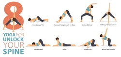 Infographic 8 Yoga poses for workout at home in concept of your spine in flat design.Women exercising for body stretching.Yoga posture or asana for fitness infographic.Flat Cartoon Vector Illustration