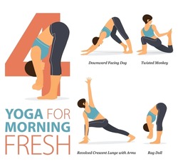 Infographic 4 Yoga poses for workout at home in concept of morning fresh in flat design. Women exercising for body stretching. Yoga posture or asana for fitness infographic. Flat Cartoon Vector.