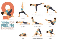 Infographic 9 Yoga poses for workout at home in concept of filling energised in flat design. Women exercising for body stretching. Yoga posture or asana for fitness infographic. Flat Cartoon Vector.