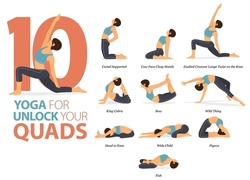 Infographic 10 Yoga poses for workout at home in concept of unlock your quads in flat design. Women exercising for body stretching. Yoga posture or asana for fitness infographic. Flat Cartoon Vector.