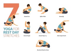 Infographic 7 Yoga poses for workout at home in concept of rest day in flat design. Women exercising for body stretching. Yoga posture, asana for fitness infographic. Flat Cartoon Vector Illustration.