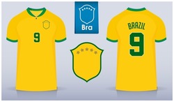 Set of soccer jersey or football kit template design for Brazil national football team. Front and back view soccer uniform. Yellow Football t shirt mock up with flat logo. Vector Illustration