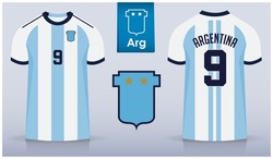 Set of soccer jersey or football kit template design for Argentina national football team. Front and back view soccer uniform. Blue Football t shirt mock up with flat logo. Vector Illustration